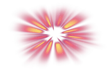 Fantastic beam effect with fine noise texture and hexagon texture inside. Sandy noise. Red and yellow beams. Saturated bright splash. Isolated area. Fine particles of sparkles and glare on beams.