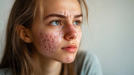 Young girl with active acne on her cheeks, looking optimistic while using a skincare product
