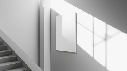 Obraz premium Blank Poster Hanging on a Gray Wall with Staircase and Sunlight