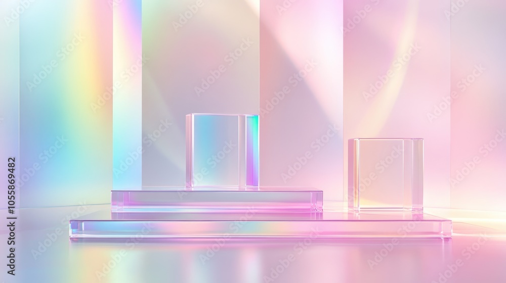 Poster surreal abstract scene featuring an empty stage with three clear glass rectangular podiums against a