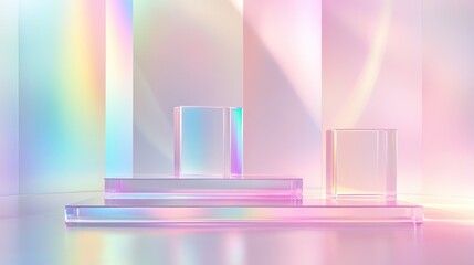Surreal abstract scene featuring an empty stage with three clear glass rectangular podiums against a pastel holographic background ideal for showcasing cosmetic product packaging mockups