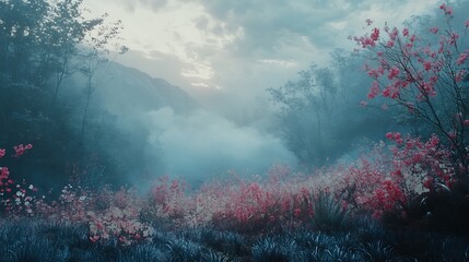Fototapeta premium A serene landscape with misty mountains and vibrant pink flowers under a cloudy sky.