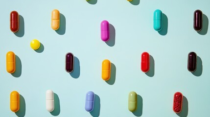 Assortment of vibrant pills and capsules displayed on a light blue backdrop