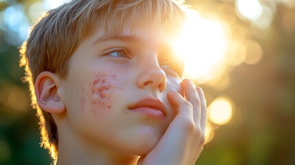 Teen boy with inflamed acne on his cheeks, examining his skin under sunlight outdoors