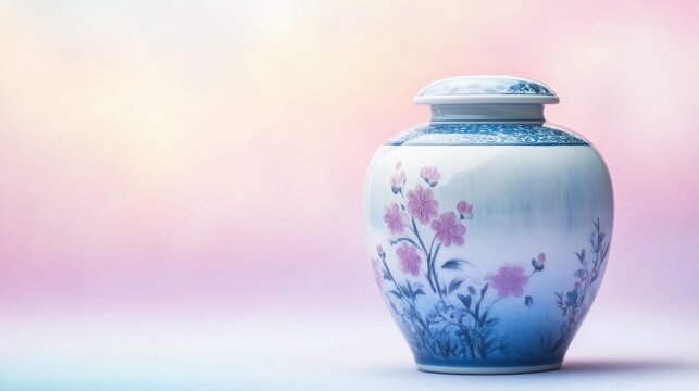 Elegant blue white porcelain vase with floral pattern on pastel background