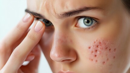 Woman examining her skin in a bathroom mirror, showing close-up details of acne and blemishes on her face