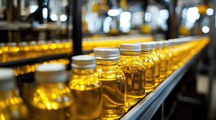 Automated conveyor system for bottling oil in a facility featuring advanced computerized machinery designed for vegetable oil production