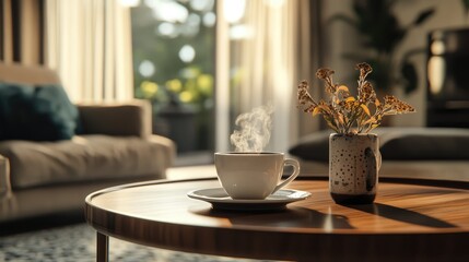 Elegant close up of a coffee table featuring a steaming cup of coffee set against a cozy living room interior that embodies a relaxed lifestyle