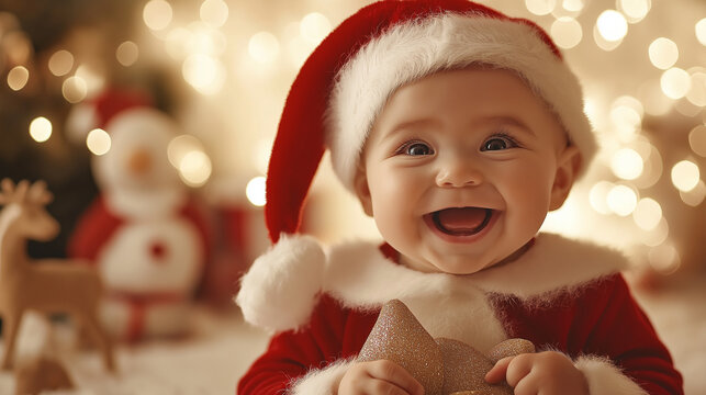 A festive, high-quality photo of a baby in a Santa Claus outfit, holding an elf bag, with a wide, joyful smile. The scene is filled with Christmas spirit, with a background of rein