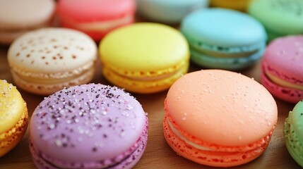 Obraz premium Close up of vibrant macarons displayed on a wooden surface featuring soft pastel hues