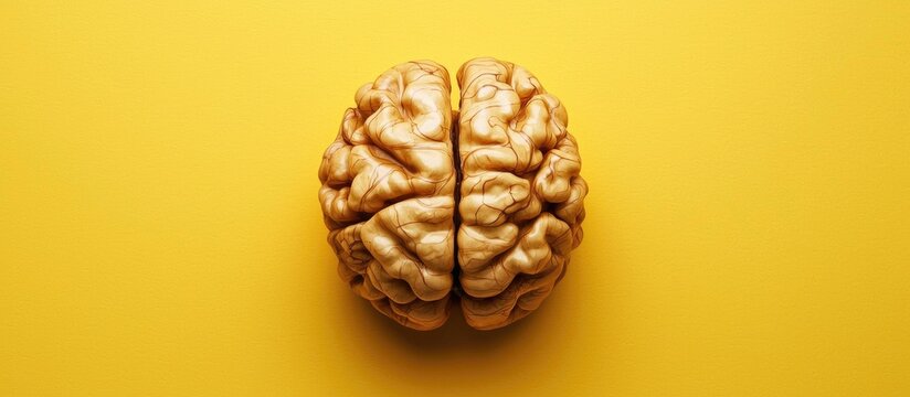 On A Yellow Background A Half Of A Walnut Is Lying Like A Human Brain