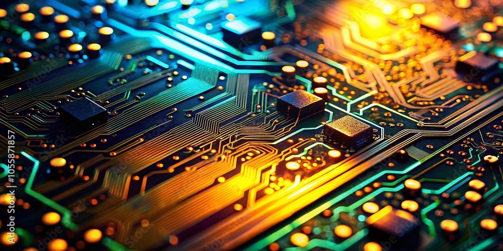Poster low light photography of computer circuit board design for technology enthusiasts and engineers