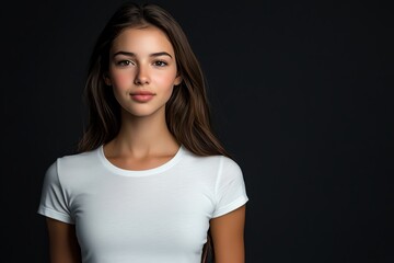 Obraz premium A beautiful young woman in a fitted white T-shirt poses under soft studio lighting, against a seamless white background.