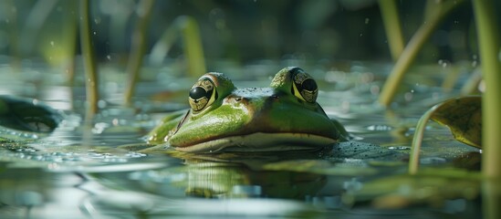 Obraz premium Frog In A Bog Green Frog Looking Out Of The Water Forest Amphibian Tropical Animals Frog During The Hunt