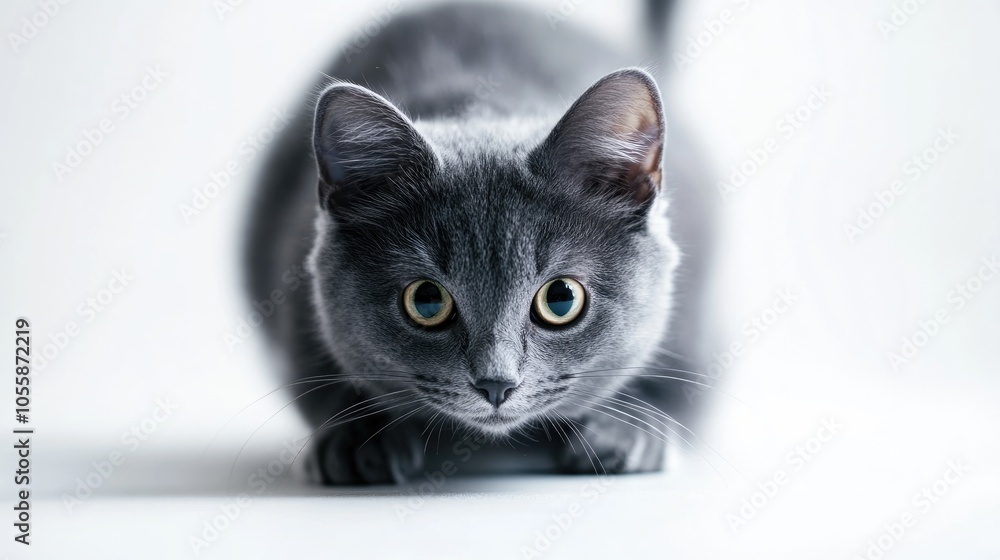 Poster crouching grey cat captured in an isolated studio shot on a white background