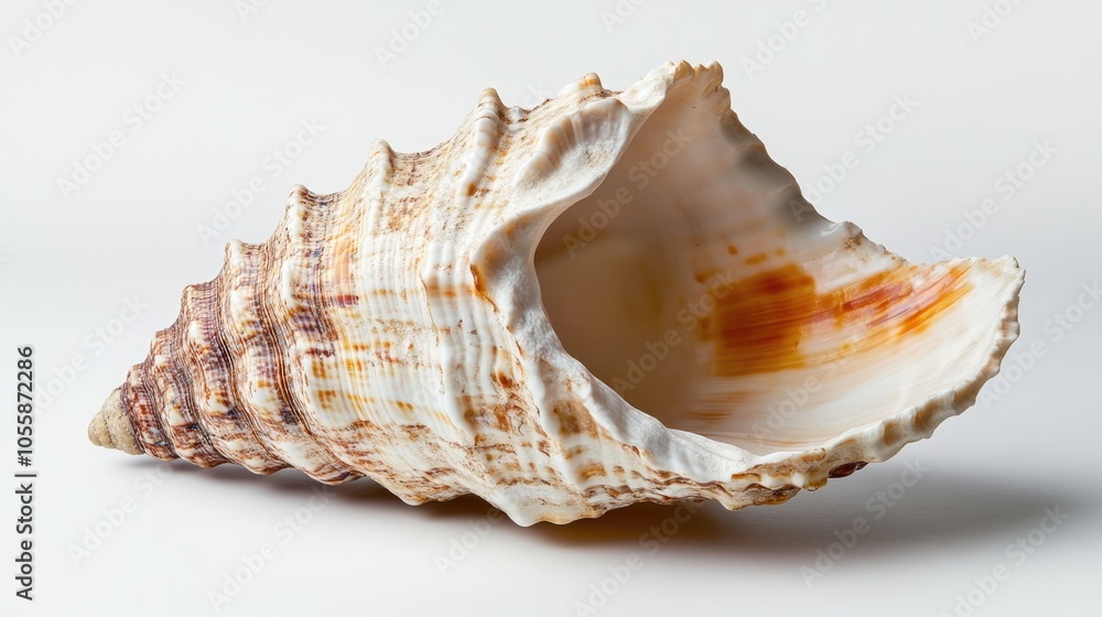 Poster close up view of a conch shell set against a white backdrop