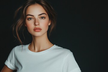 Fototapeta premium A beautiful young woman in a simple white T-shirt glows under soft studio lighting, with a solid black background.
