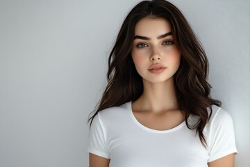 Obraz premium A beautiful young woman in a fitted white T-shirt poses under soft studio lighting, against a seamless white background.