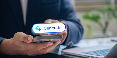 businessman in a suit pressing a "Generate" button on a smartphone, symbolizing content creation, automation, or AI generation.