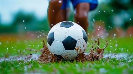Fototapeta premium Soccer Ball in Mud Puddle with Player in Background