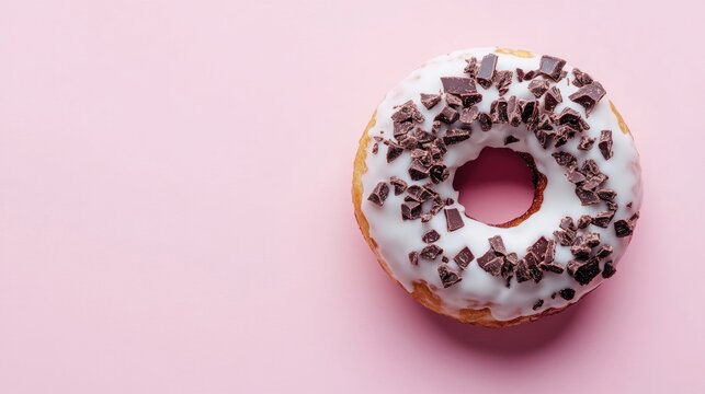 White glazed donut topped with dark chocolate treats on a pink backdrop Flat lay composition Food theme vibrant breakfast macro perspective
