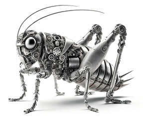 Futuristic Mechanical Cricket Robot with Intricate Gearwork Isolated on white background