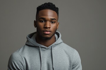 Fototapeta premium A chic African American man in a fitted hoodie stands confidently under studio lighting, with a plain gray backdrop.