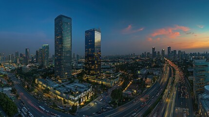 Fototapeta premium Aerial View of a City at Dusk with Illuminated Skyscrapers and Traffic on a Highway
