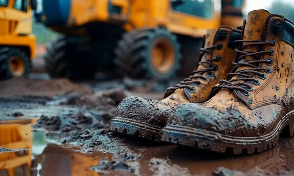 A pair of muddy work boots resting on wet ground, highlighting rugged outdoor use.