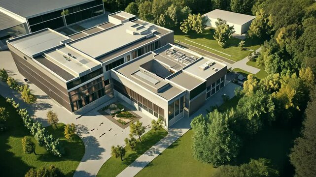 An aerial view of a modern building surrounded by trees and green lawns on a sunny day