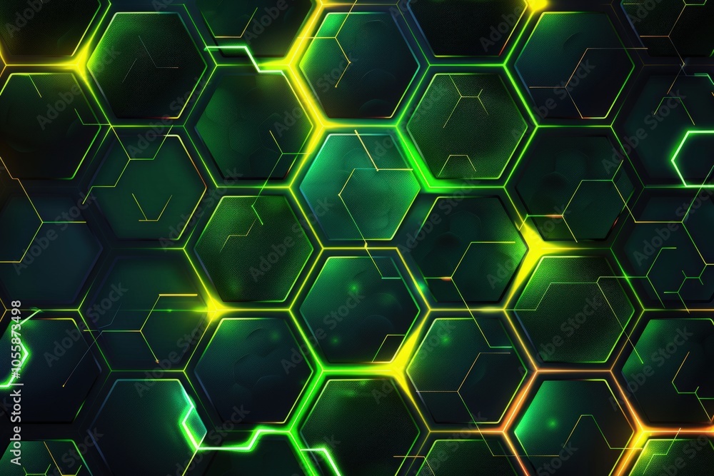 Poster abstract green and yellow hexagon pattern with glowing lines