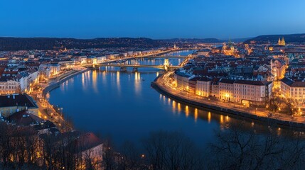 Evening Panorama of a European City with a River and Bridges