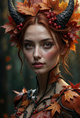 Autumn Woodland Sorceress with Horned Crown and Leaf-Adorned Armor