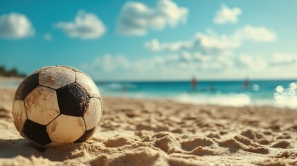 Football on a sandy beach showcasing the essence of beachside enjoyment and a vibrant coastal lifestyle Ideal for banners