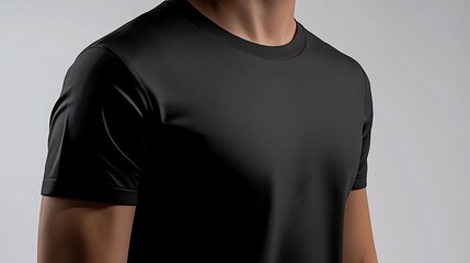 Man wearing a plain black T-shirt, with the mockup focusing on the torso area for design visualization