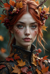 Whimsical Autumn Woodland Fairy with Red Hair and Leaf Crown