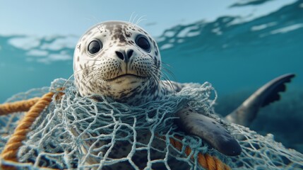 Close-up of a curious seal entangled in a plastic fishing net underwater, symbolizing the dangers of ocean pollution and the urgent need for wildlife protection and conservation