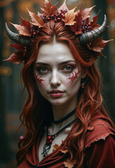 Fierce Autumn Forest Spirit with Horned Crown and Leafy Makeup