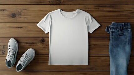 Mockup of a blank white T-shirt in a casual flat lay, with jeans and sneakers to complete the look