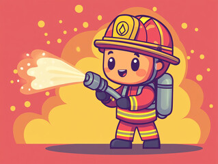 Cartoon firefighter spraying water. Cute character design logo & icon illustration with simple gradients. 