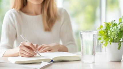 Woman journaling with water glass by her side, creating a mindful hydration habit, hydration journaling self-care