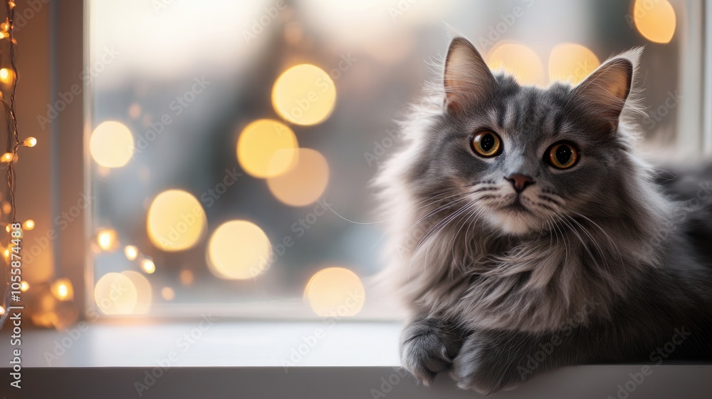 Poster fluffy gray cat lounging by the window gazing at soft blurred lights in the background perfect banne