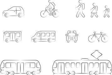 Collection of hand-drawn icons including schoolchildren, pedestrians, public transportation, cyclist and school buses vector illustrations.