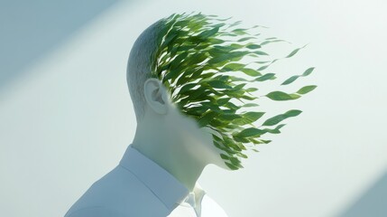 Surreal image of man with green leaves for head symbolizing eco-conscious identity, suitable for sustainability brand campaigns and ecological events