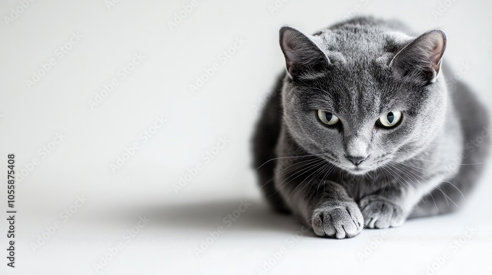 Poster crouching grey cat captured in an isolated studio shot on a white background