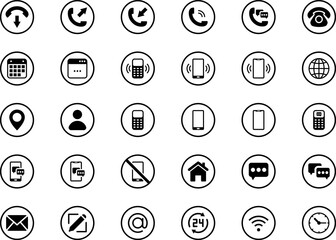 Contacts icon black and white. Vector set Home, Phone, e-mail,  message, internet, web,  pin, wi-fi  user, clock and other icons.