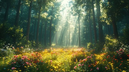 Obraz premium Lush forest with vibrant flowers and sunlight filtering through trees.