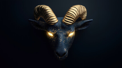 Fototapeta premium Digital illustration of a stylized ram's head with glowing eyes and golden horns on a dark background, showcasing a mix of realism and fantasy in its design.