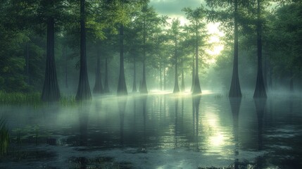 Obraz premium Serene swamp landscape with misty water and towering trees.
