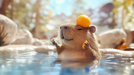 Capybara Relaxing in a Hot Spring with Oranges